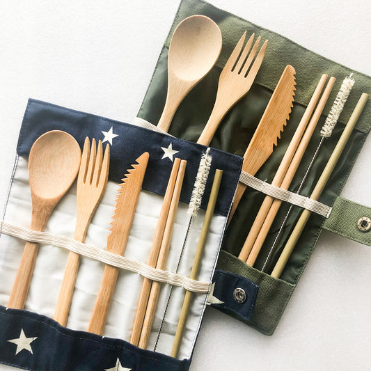Reusable Bamboo Cutlery Set with Straw & Cleaner – Eco-Friendly Travel Utensils in Canvas Pouch