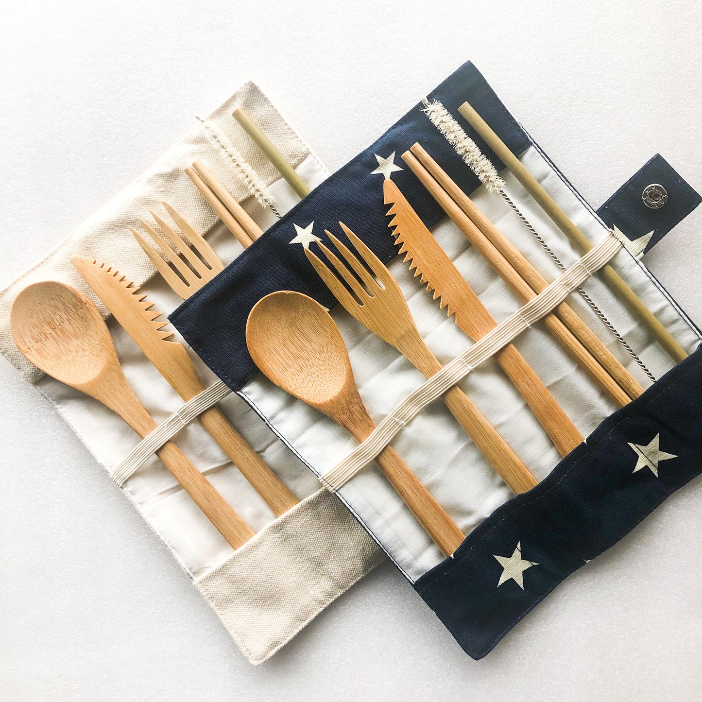 Reusable Bamboo Cutlery Set with Straw & Cleaner – Eco-Friendly Travel Utensils in Canvas Pouch