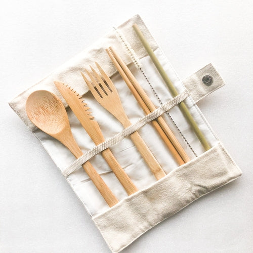 Reusable Bamboo Cutlery Set with Straw & Cleaner – Eco-Friendly Travel Utensils in Canvas Pouch