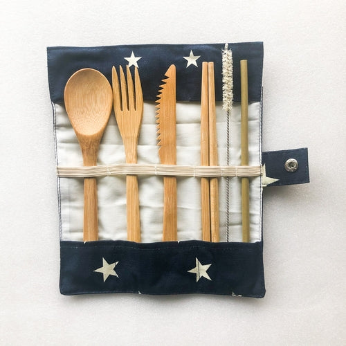 Reusable Bamboo Cutlery Set with Straw & Cleaner – Eco-Friendly Travel Utensils in Canvas Pouch