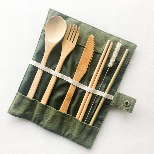 Reusable Bamboo Cutlery Set with Straw & Cleaner – Eco-Friendly Travel Utensils in Canvas Pouch
