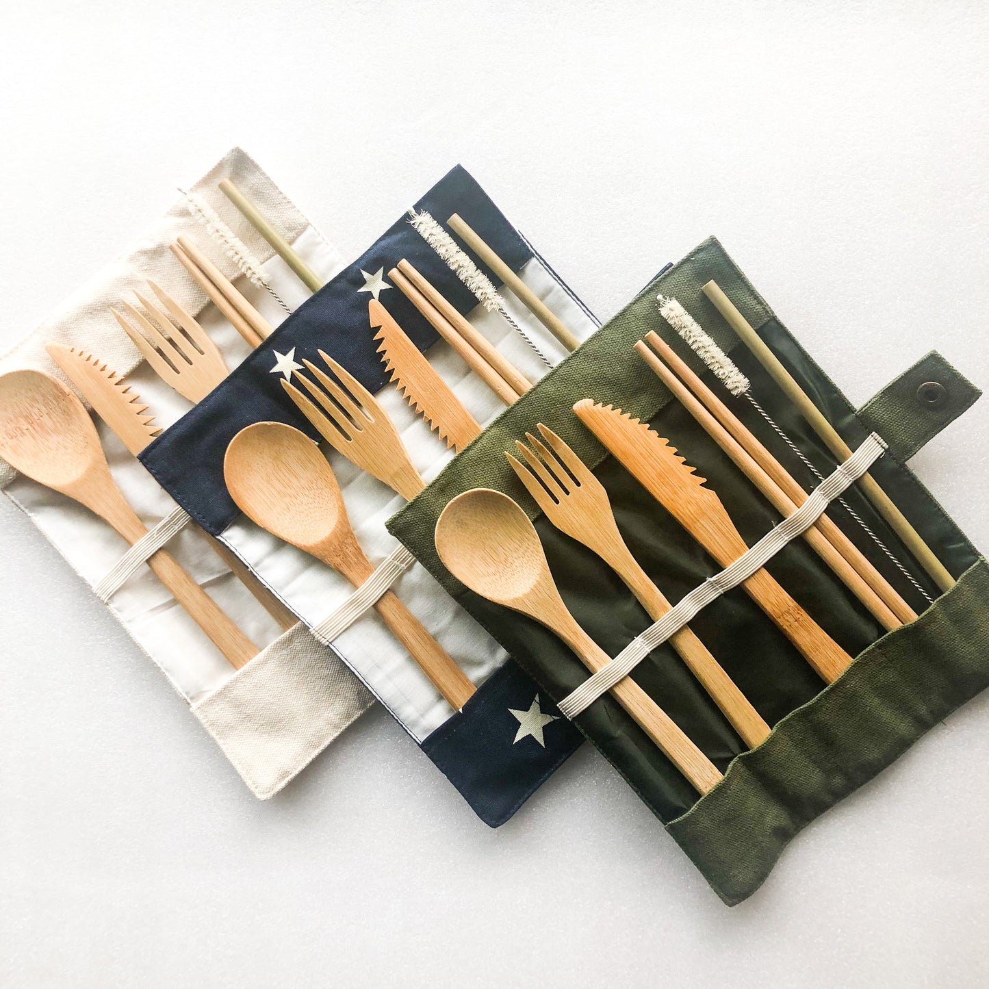 Reusable Bamboo Cutlery Set with Straw & Cleaner – Eco-Friendly Travel Utensils in Canvas Pouch