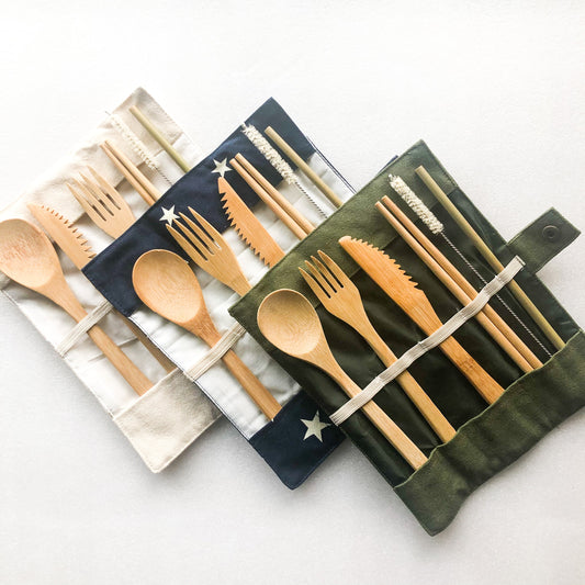 Reusable Bamboo Cutlery Set with Straw & Cleaner – Eco-Friendly Travel Utensils in Canvas Pouch